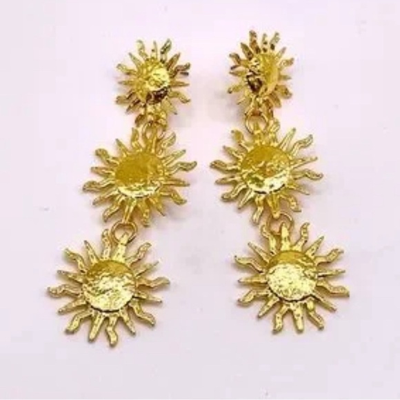 Zara. Gold Triple Sun Earrings - Picture 7 of 14
